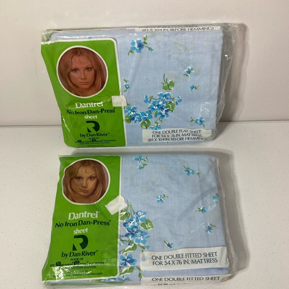 Dantrel No Iron Blue Les Violettes Double Sheet Set New Flat and Fitted Vintage